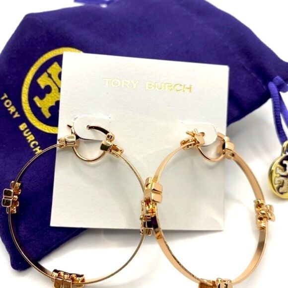 New Tory Burch Rose Gold Logo Light Weight Hoop Earings - Picture 9 of 9